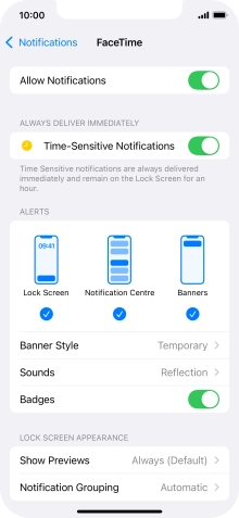 Press the indicator next to 'Allow Notifications' to turn notifications for the selected application on or off.